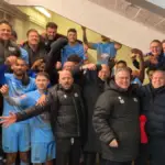 Binfield celebrate their Velocity Trophy Quarter Final win at Hastings United. Photo: Andrew Spiers.