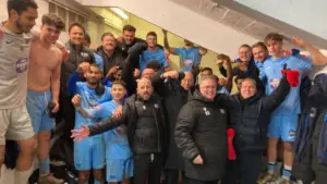 Binfield celebrate their Velocity Trophy Quarter Final win at Hastings United. Photo: Andrew Spiers.