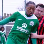 Westwood Wanderers Jamal Branker in action vs Finchampstead. Photo: Andrew Batt.