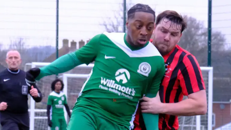 Westwood Wanderers Jamal Branker in action vs Finchampstead. Photo: Andrew Batt.