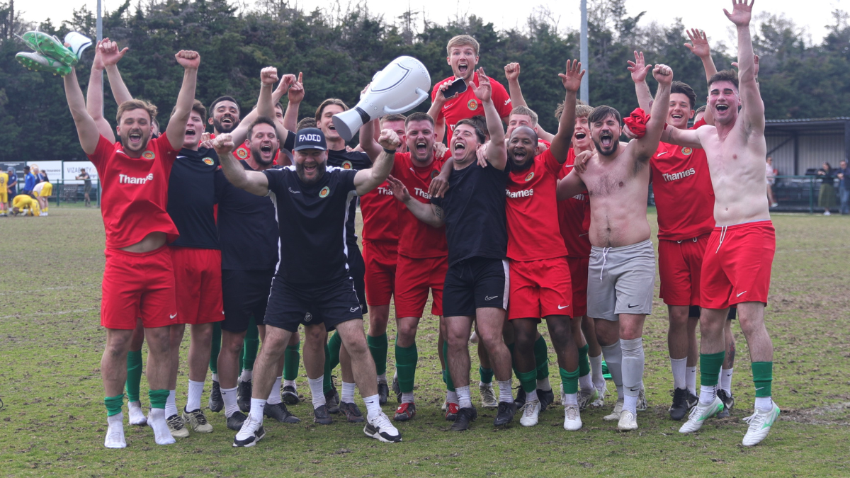 Windsor & Eton celebrate with the Combined Counties League Division One title. Photo: Richard Milam.
