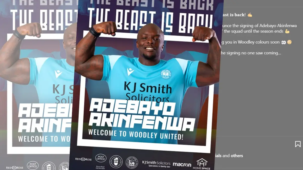 Adebayon Akinfenwa 'signs' for Woodley United. Photo: Woodley United / Mention Socials