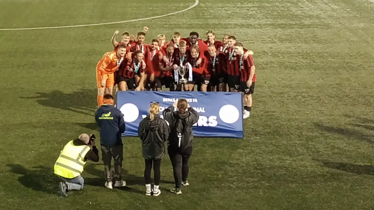 Bracknell Town lift the 2025 Berks & Bucks County FA Cup at Arbour Park. Photo: Neil Maskell.