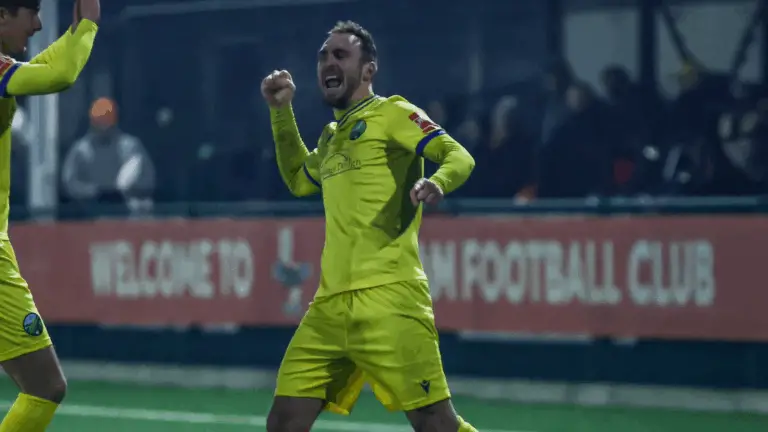 Ben Harris celebrates a goal for Ascot United. Photo: Robert Mack.