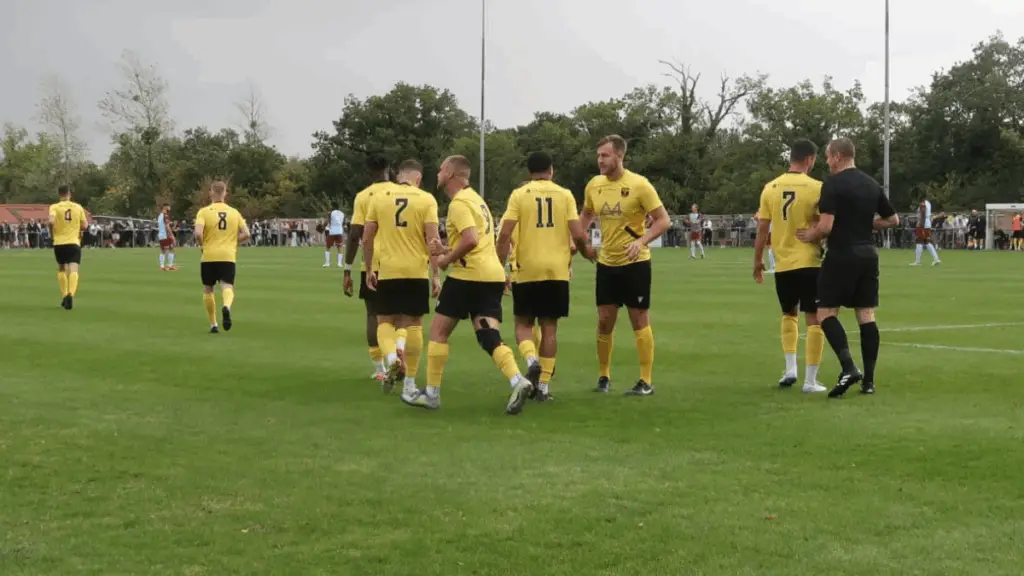 Tadley Calleva players celebrate in the FA Cup tie vs Weymouth.