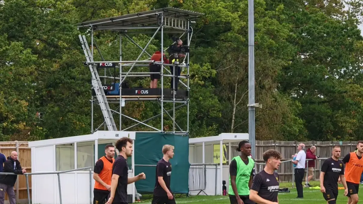 The BBC gantry looks out across Barlow's Park in the Tadley Calleva vs Weymouth. Photo: Dan Walkley.