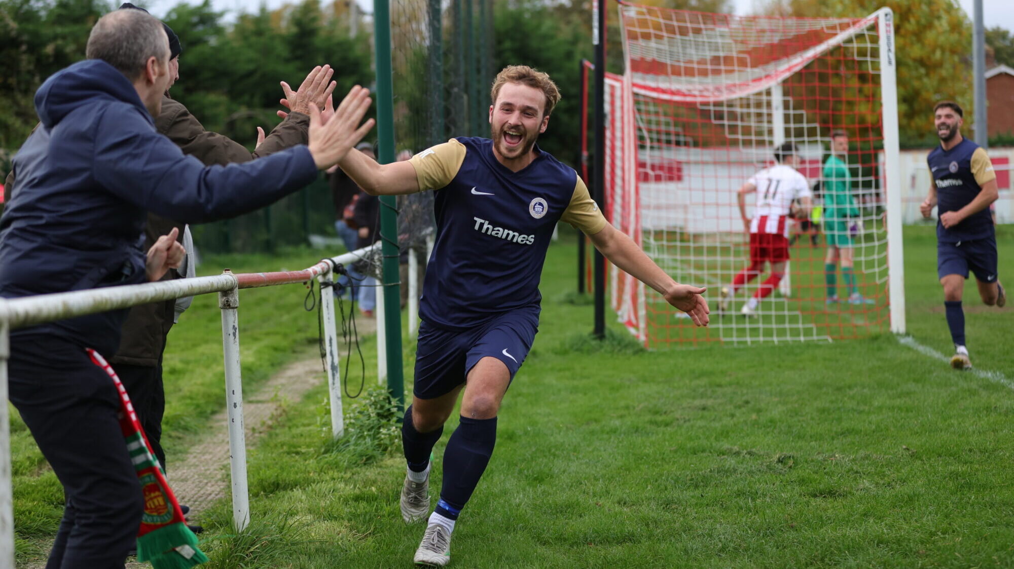 Ben Catt celebrates scoring for Windsor & Eton. Photo: Richard Milam.