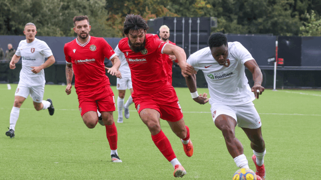 Action from Bracknell Town vs Hungerford Town in the FA Trophy. Photo: John Leakey.