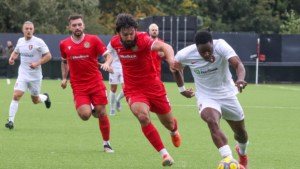 Action from Bracknell Town vs Hungerford Town in the FA Trophy. Photo: John Leakey.