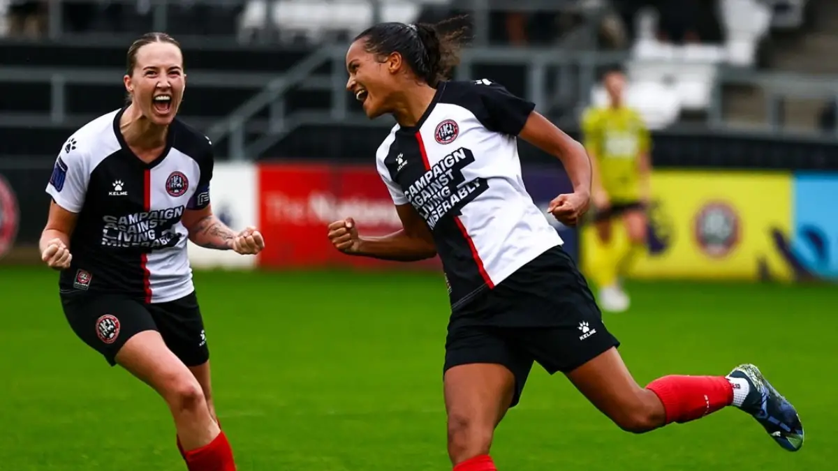 Megan Harper celebrates scoring for Maidenhead United. Photo: Darren Woolley.