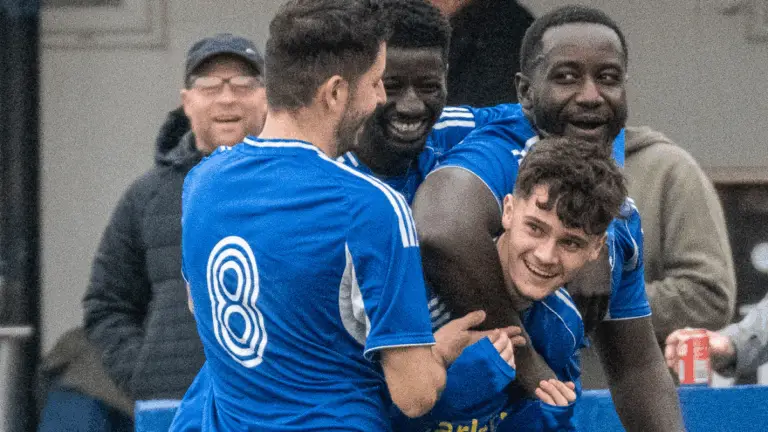 Reading City players celebrate in the FA Vase. Photo: Peter Toft.