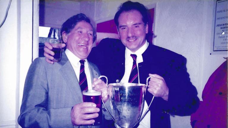 1997: Alan Devonshire with Stan Payne and United’s first first-team trophy since 1970. Payne was the last United manager before him to win a trophy. Photo: Maidenhead Advertiser.