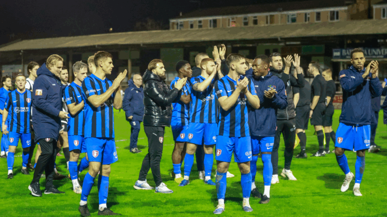 Bracknell Town players applaud their fans at Bath City. Photo: John Leakey.