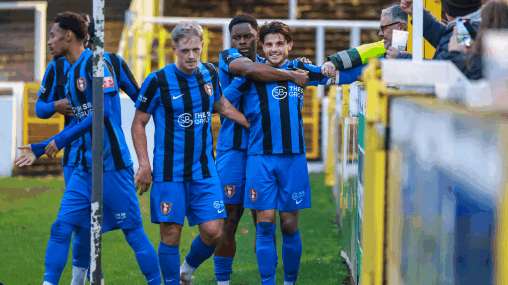 Bracknell Town's Seb Bowerman celebrates scoring at Bath City. Photo: John Leakey.