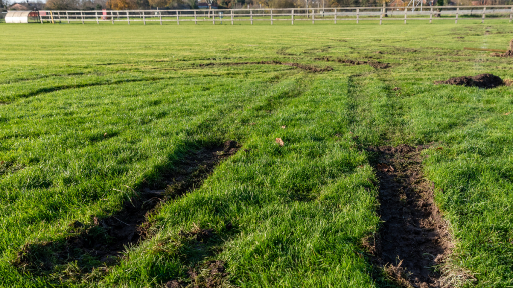 Deep gouges in the playing turf. Damage caused by vandals at Reading YMCA FC in November. Photo: Brian Baggaley.