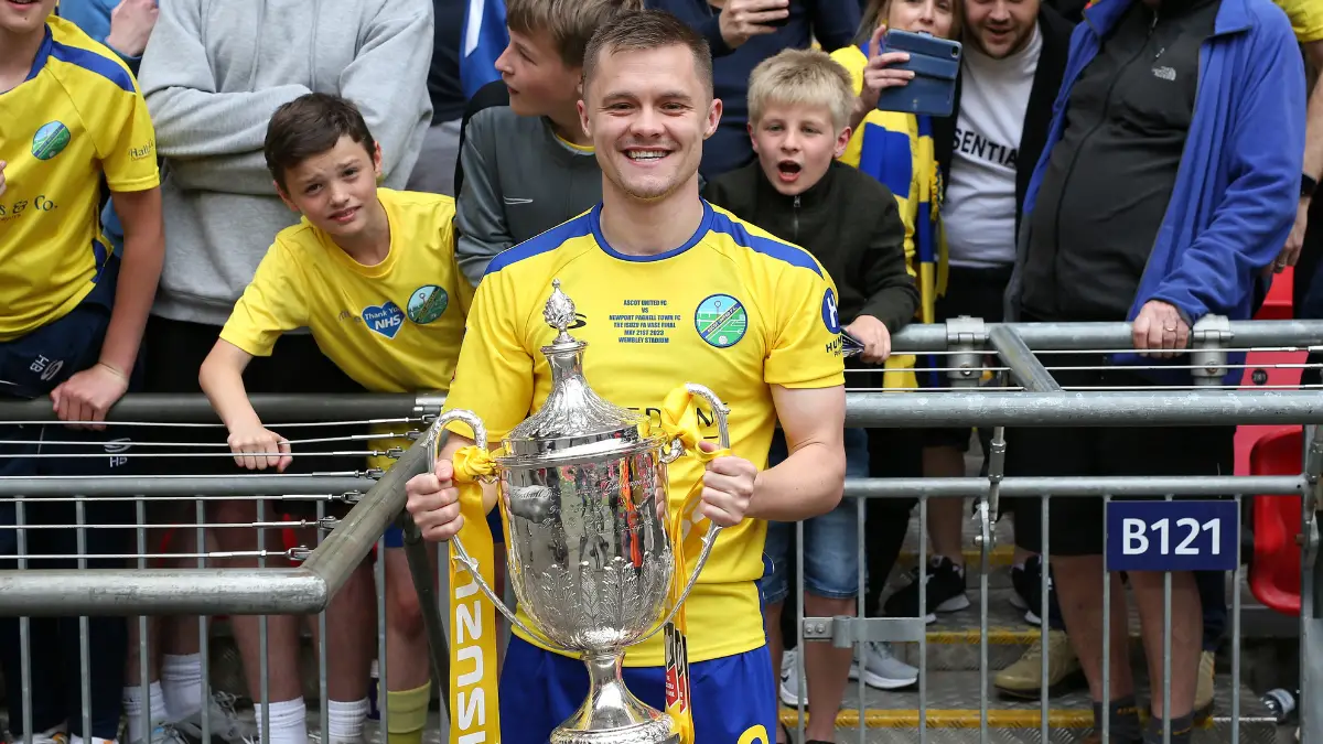 George Lock with the FA Vase at Wembley. Photo: Neil Graham.