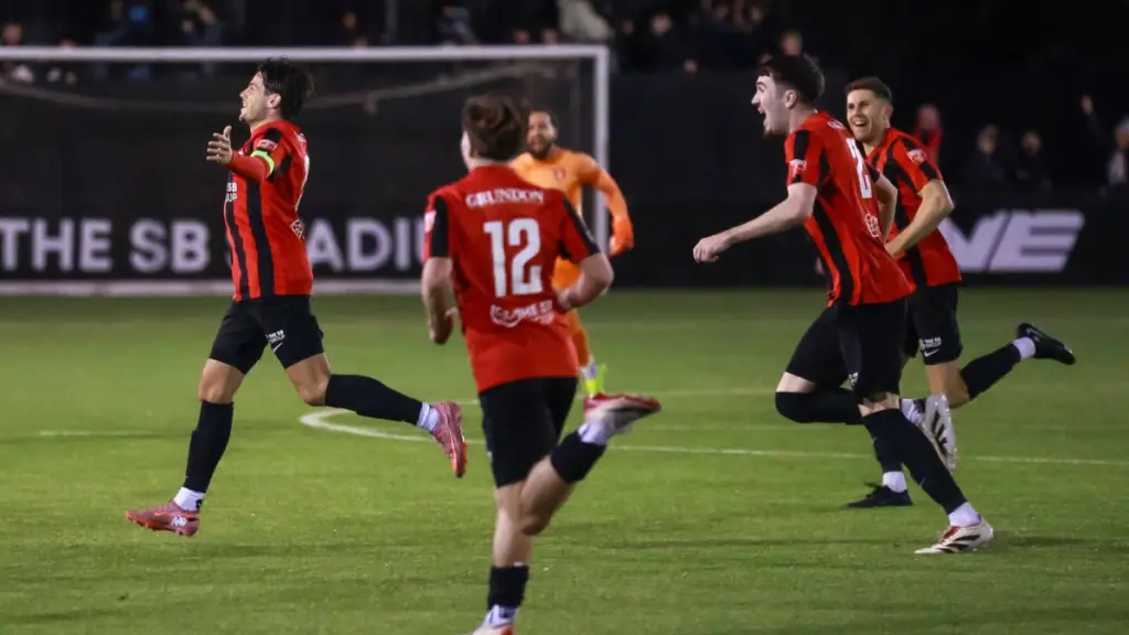 Seb Bowerman celebrates a late winner. Photo: John Leakey.