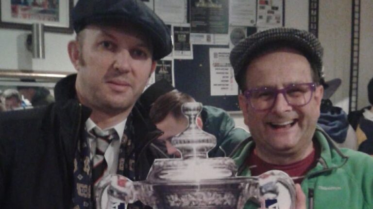 The author with Timmy Mallett and his FA Cup as kick off approached at York Road for the 2015/16 first round replay against Port Vale. Photo: Steve Jinman.