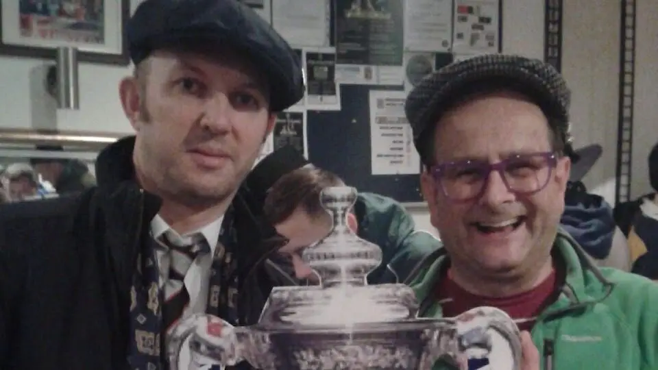 The author with Timmy Mallett and his FA Cup as kick off approached at York Road for the 2015/16 first round replay against Port Vale. Photo: Steve Jinman.