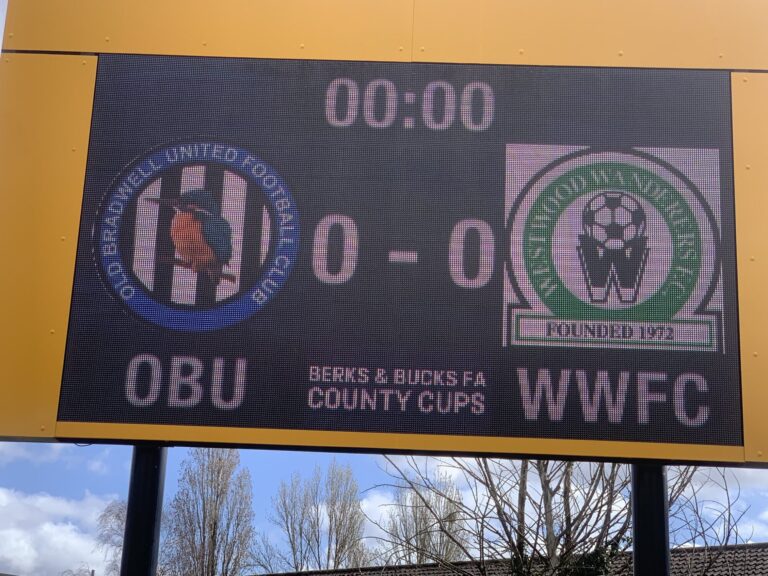 Scoreboard is ready at Slough Town. Photo: Callum Withers.