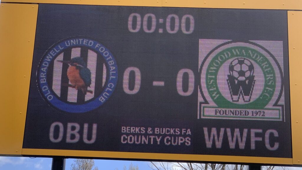 Scoreboard is ready at Slough Town. Photo: Callum Withers.