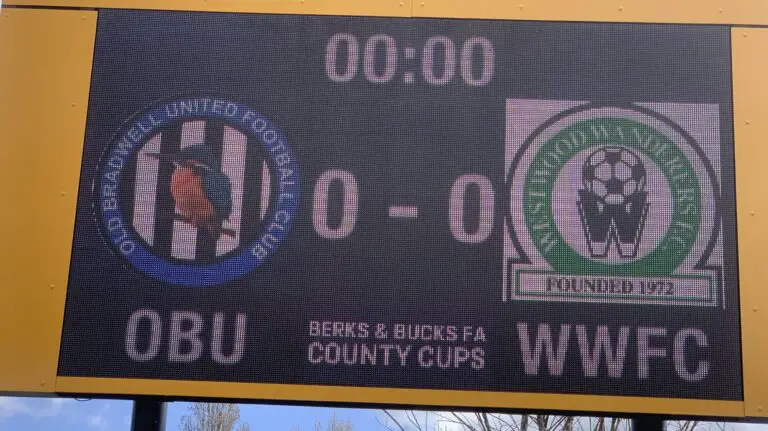 Scoreboard is ready at Slough Town. Photo: Callum Withers.