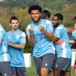 Eden Downes celebrates for Woodley United. Photo: Peter Toft.