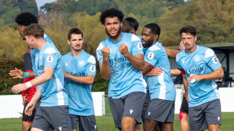 Eden Downes celebrates for Woodley United. Photo: Peter Toft.