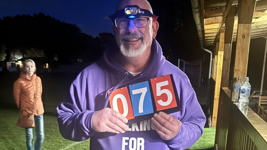 Stuart Cripps during his 24 hour walkathon around the Reading YMCA pitch.