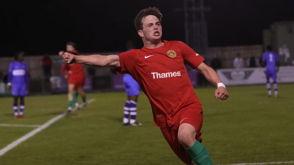 Jack Shakespeare celebrates scoring for Windsor & Eton in the play-off semi-final. Photo: Richard Milam.