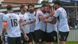 Hungerford Town players celebrate during the 2025/26 season. Photo: Jeff Youd.