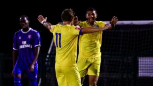 Ascot United players celebrate in the FA Trophy. Photo: Rob Mack/Shooting Stars