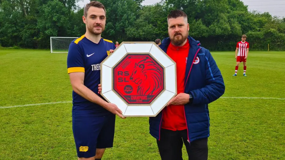 Rob Austin, Hype Train and Ian Pulfer, Woodley Saints with the RSSL trophy. Photo: Sam Austin / hypetrainfc.com/photos