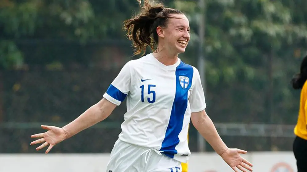 Aimee Claypole celebrates scoring for Finland. Photo: Richard Claypole.