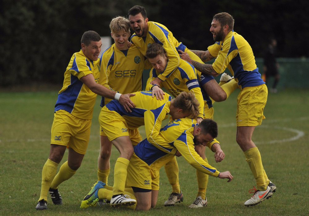 Ascot United FC celebrate winning the FA Vase First Round tie at Hollands & Blair. Photo: Mark Pugh.