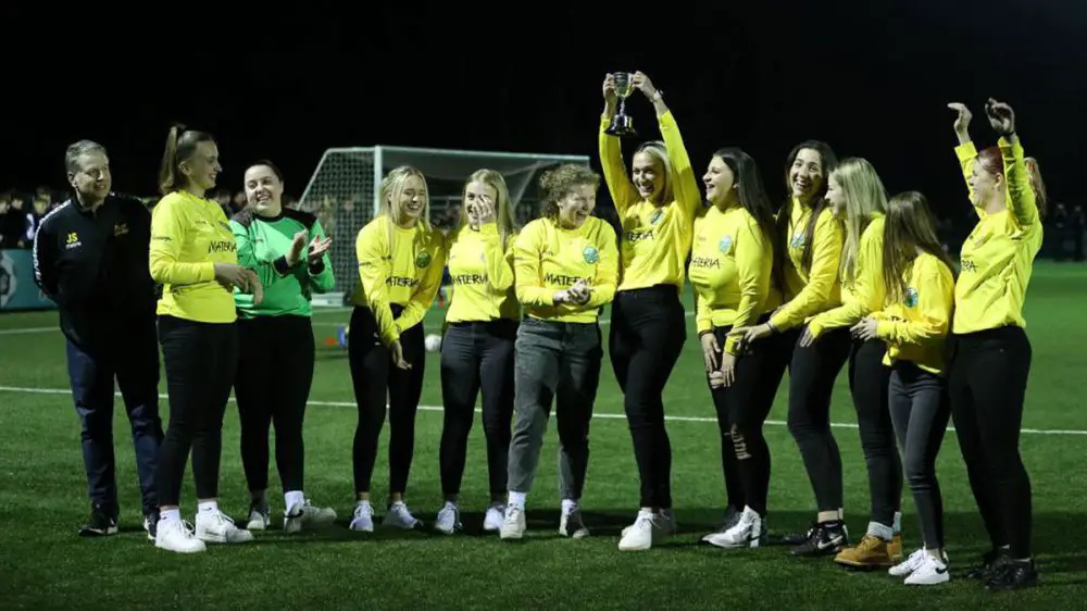 Ascot United Ladies Reserves lift the TVCWFL trophy. Photo: Neil Graham.