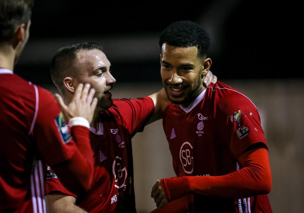 Bracknell's Ash Artwell is congratulated by Jamie McClurg. Photo: Neil Graham.