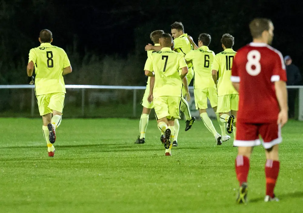 Binfield players celebrate Jack Broome's goal against Bracknell Town in the FA Vase. Photo: Colin Byers.