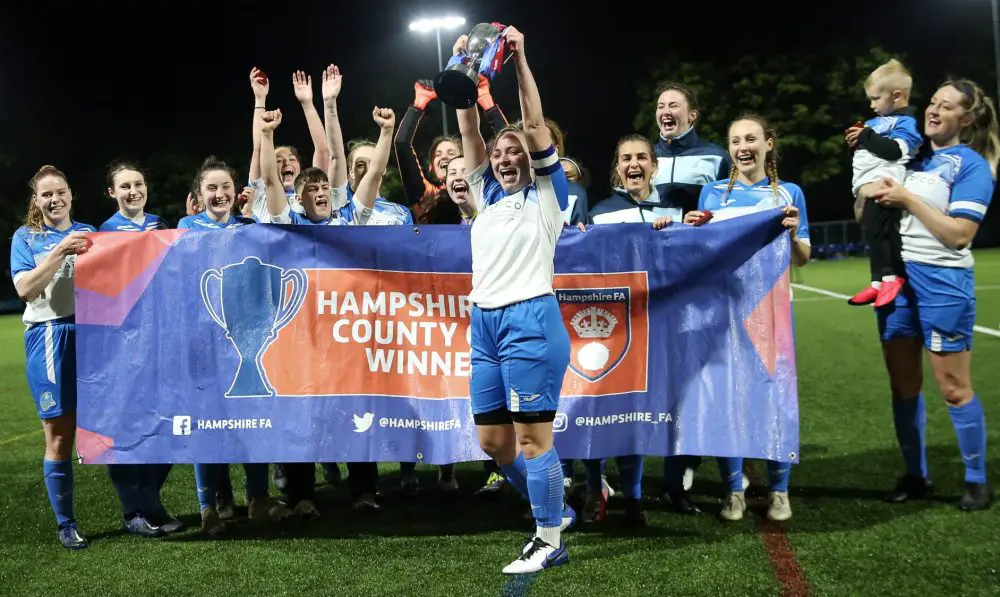 Eversley & California Ladies celebrate winning the Hampshire Women's FA Trophy 2019/20 Photo: Richard Milam