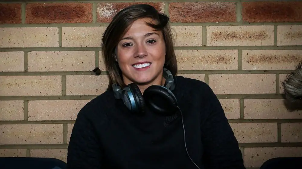 Fran Kirby in the commentary box for a Reading FC Women game at Wycombe Wanderers.