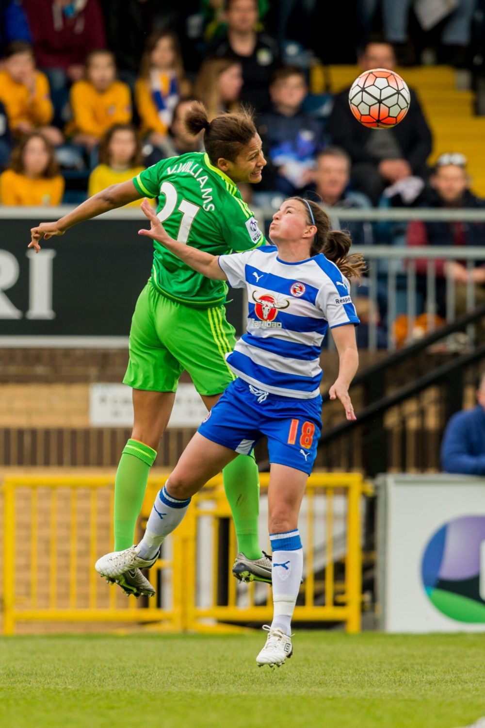 Goalscorer Helen Ward goes for a header. Photo: Neil Graham.