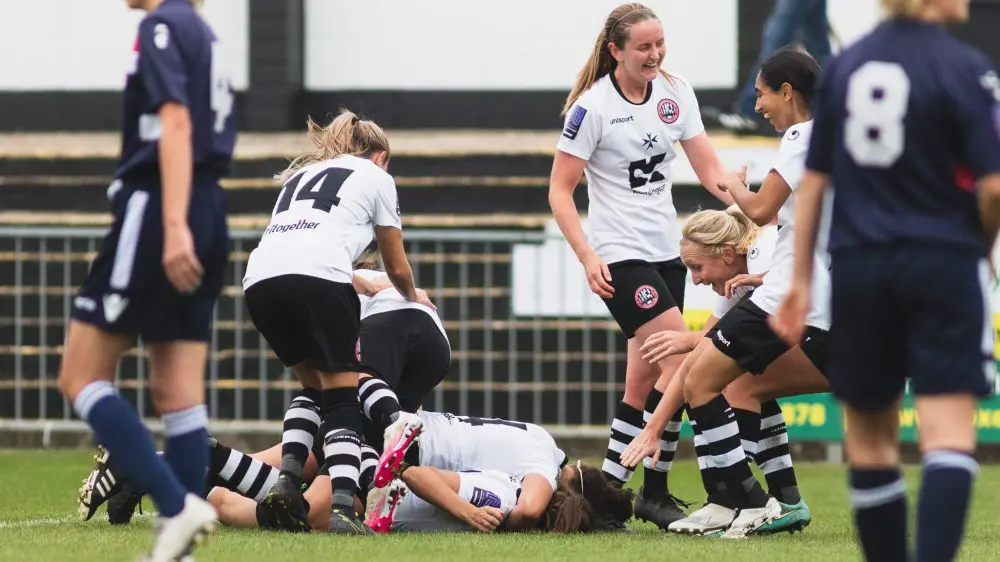 Maidenhead United Women celebrate in the Vitality Women's FA Cup. Photo: Darren Woolley / darrenwoolley.photos