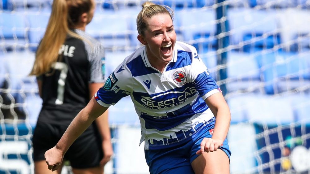 Jessie Stapleton celebrates the goal that keeps Reading FC Women up. Photo: Neil Graham.