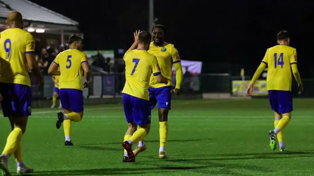 Josh Edwards and Sean McCormack celebrate for Ascot United in the FA Trophy