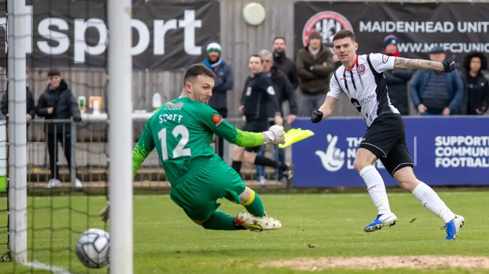 Josh Kelly scores for Maidenhead United against Chesterfield. Photo: Darren Woolley.
