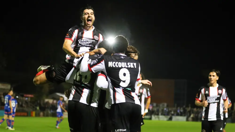 Maidenhead United celebrations during an Oldham Athletic fixture. Photo: Darren Woolley.