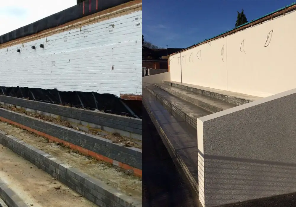 Then and now, the main stand at Larges Lane under construction.