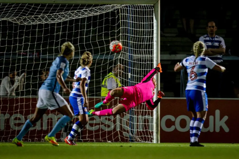 Mary Earps at full stretch for Reading FC Women against Manchester City. Photo: Neil Graham.