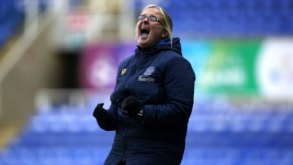 Reading FC Women's manager Kelly Chambers celebrates their win over Birmingham City Women at full time. Photo: Neil Graham