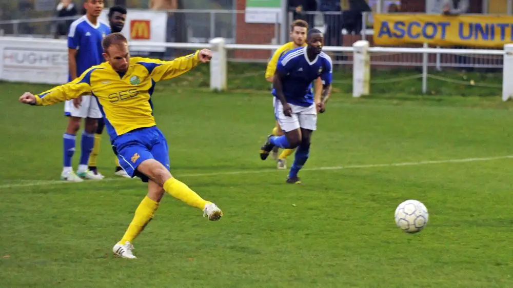 Paul Coyne scores for Ascot United from the penalty spot against Highmoor-IBIS. Photo: Mark Pugh.